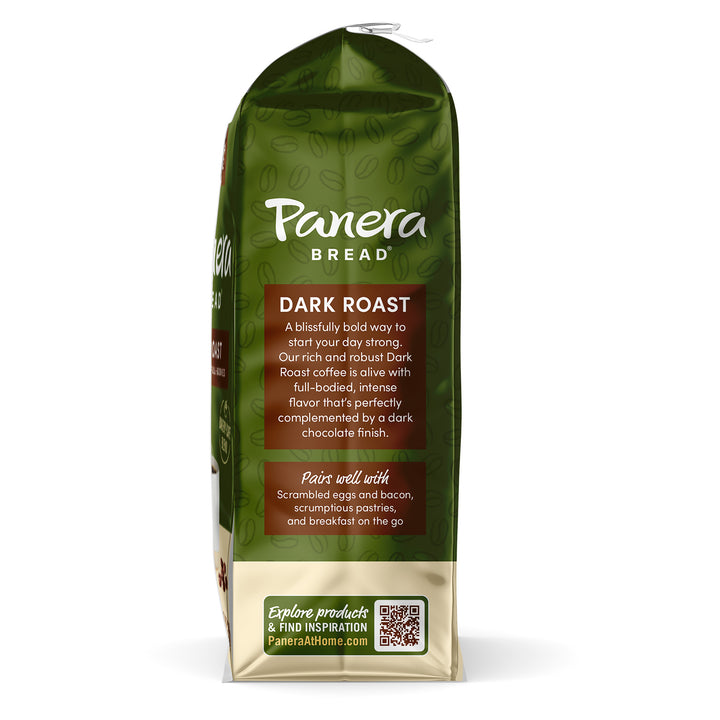 green panera bread coffee dark roast ground coffee bag side view with description