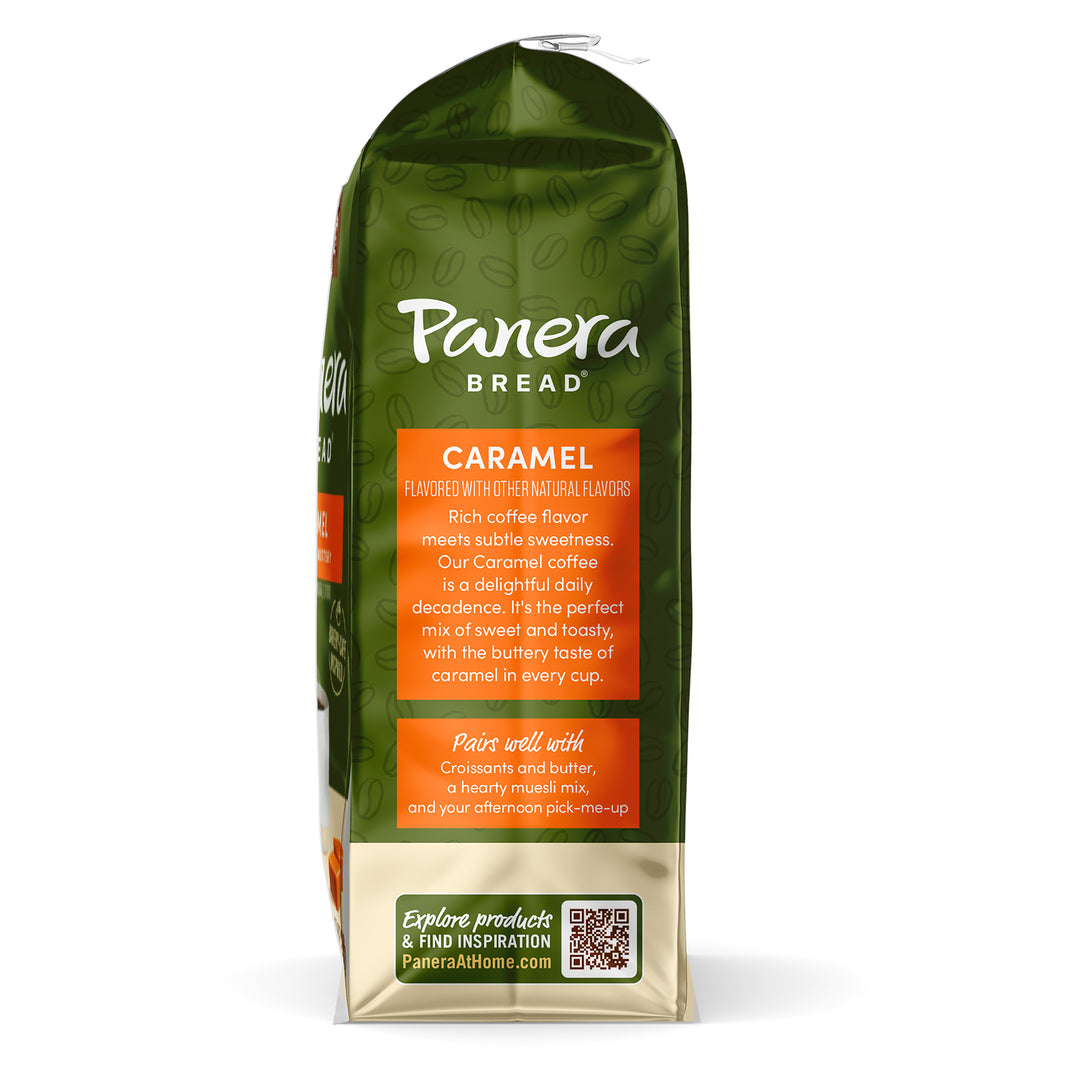 green panera bread coffee caramel ground coffee bag side view with description
