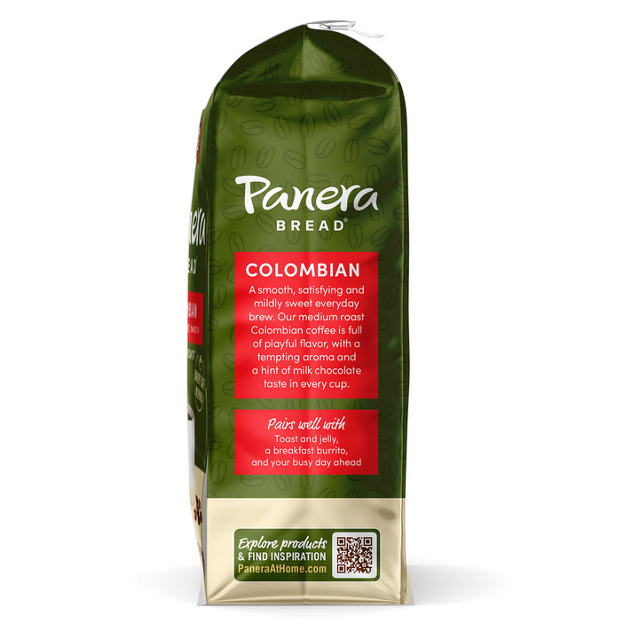 green panera bread coffee colombian ground coffee bag side view with description