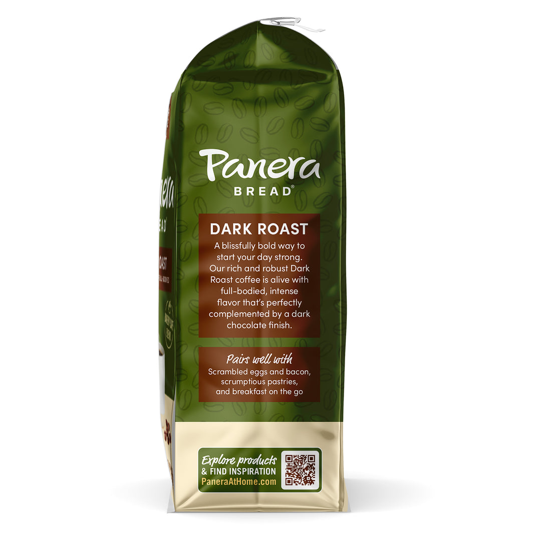 green panera bread coffee dark roast ground coffee bag side view with description