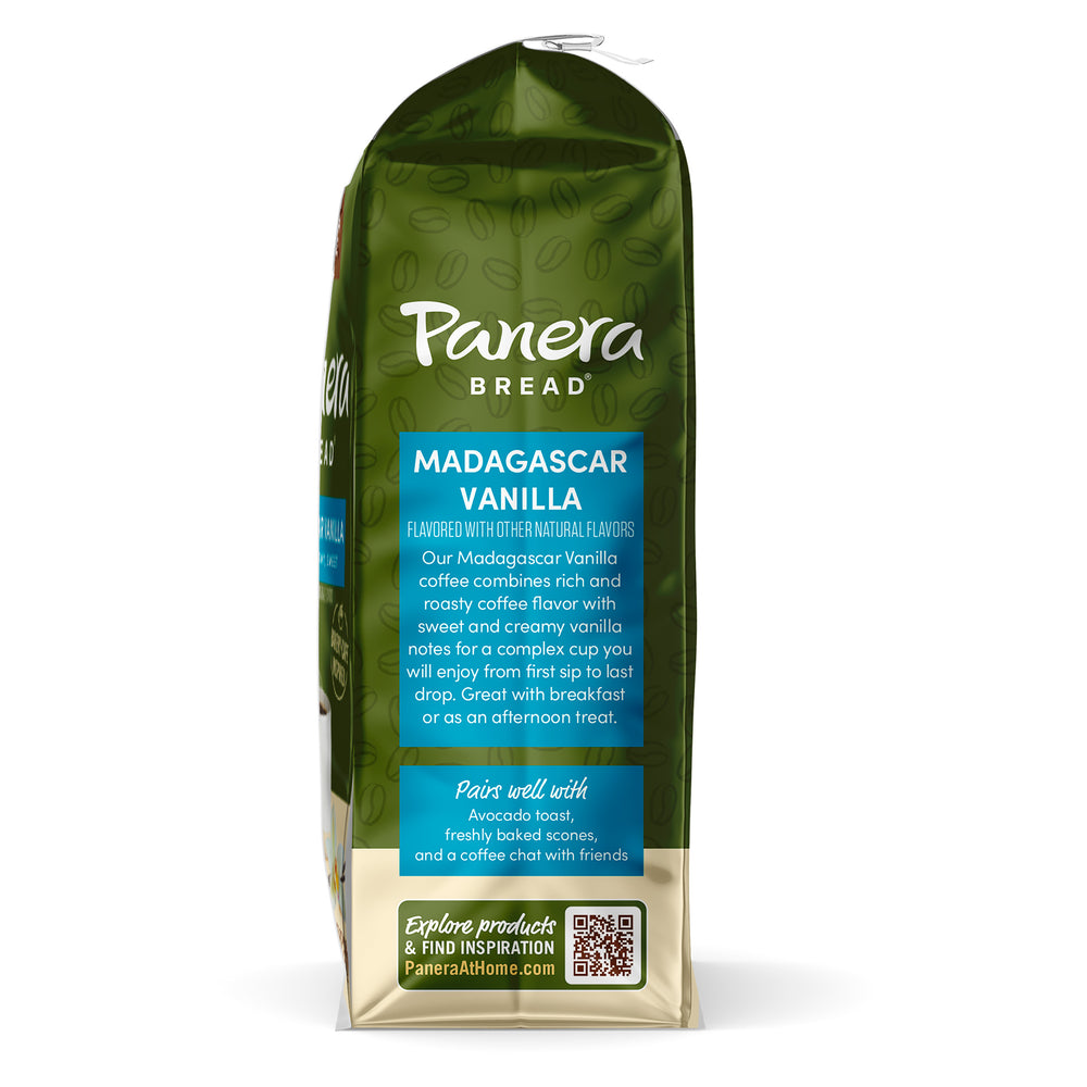 green panera bread coffee madagascar vanilla ground coffee bag side view with description