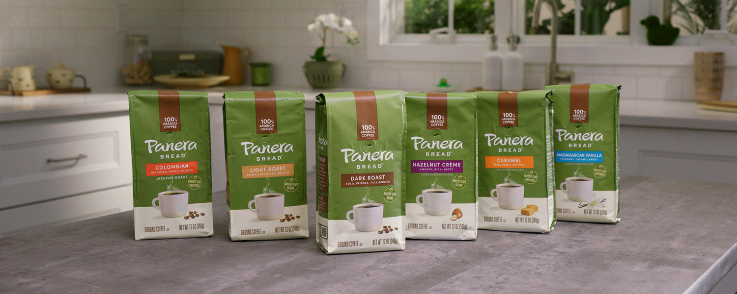 panera ground coffee lineup on kitchen counter
