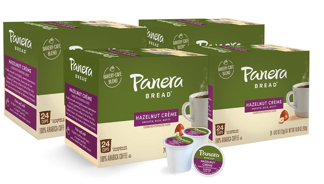 Panera Hazelnut Creme four pack, 24 cup cartons, with sample pods in front