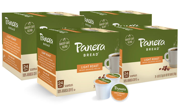 Panera Light Roast four pack, 24 cup cartons, with sample pods in front