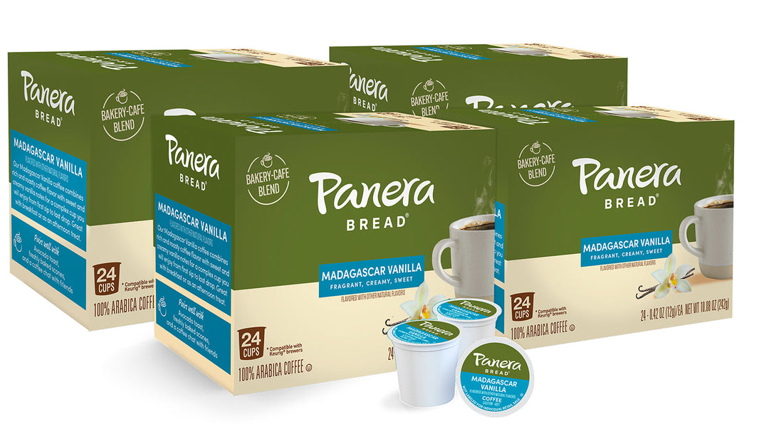 Panera Madagascar Vanilla four pack, 24 cup cartons, with sample pods in front