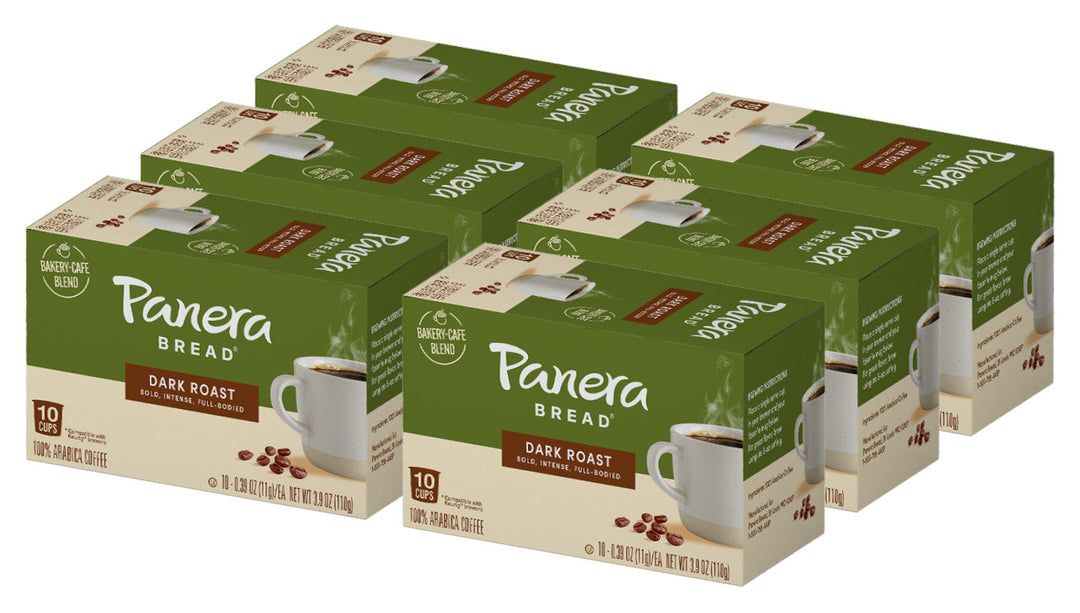 Green Panera dark roast cartons, 10pods 6pack