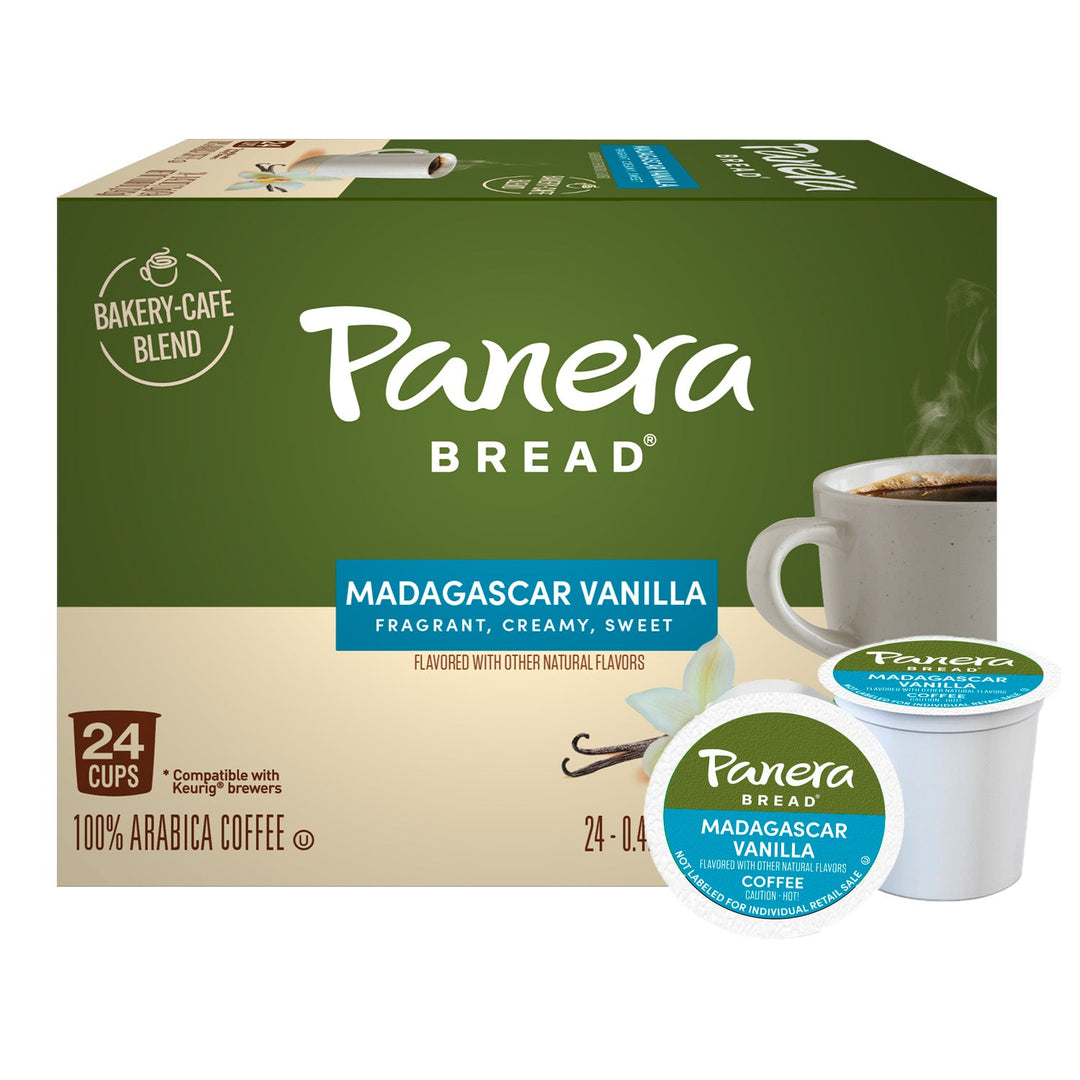 Panera Madagascar Vanilla Green 24 Cup Carton, with sample pods in front